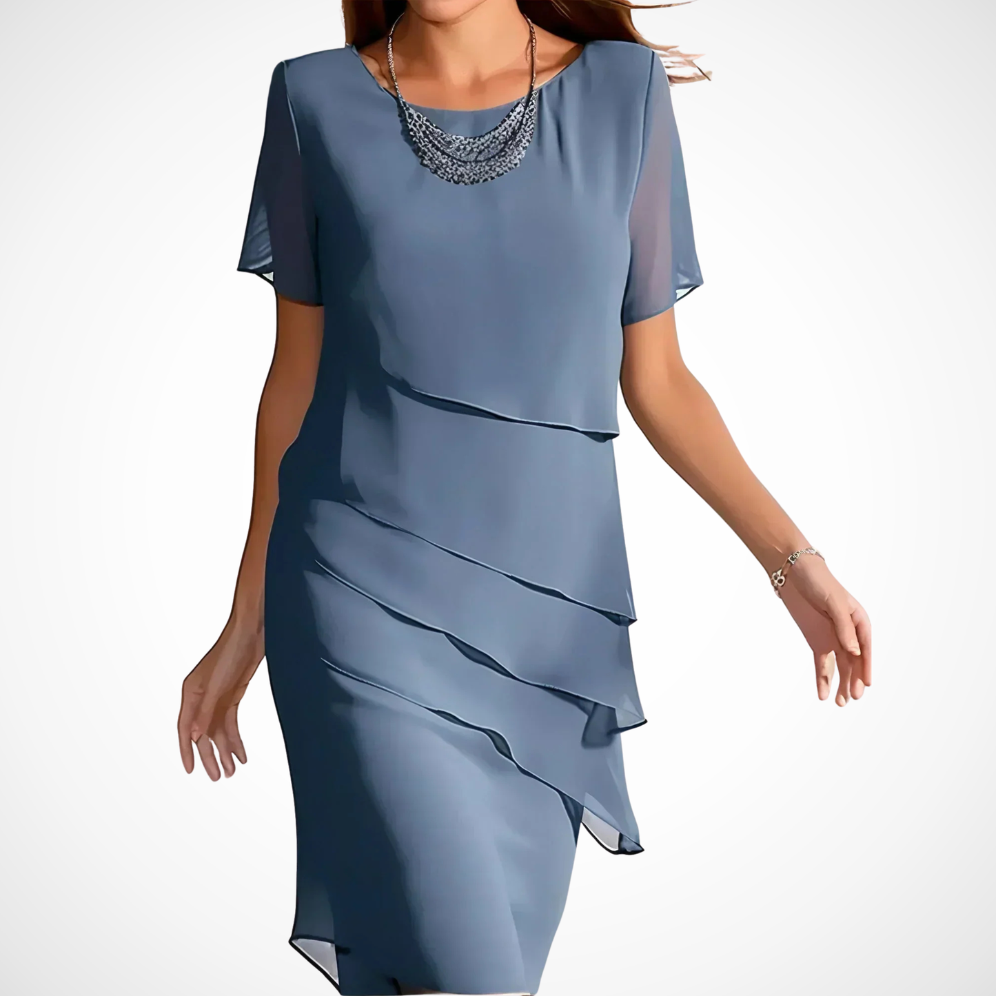 Elegant sheer-sleeve layered midi dress for women | Kendra -4