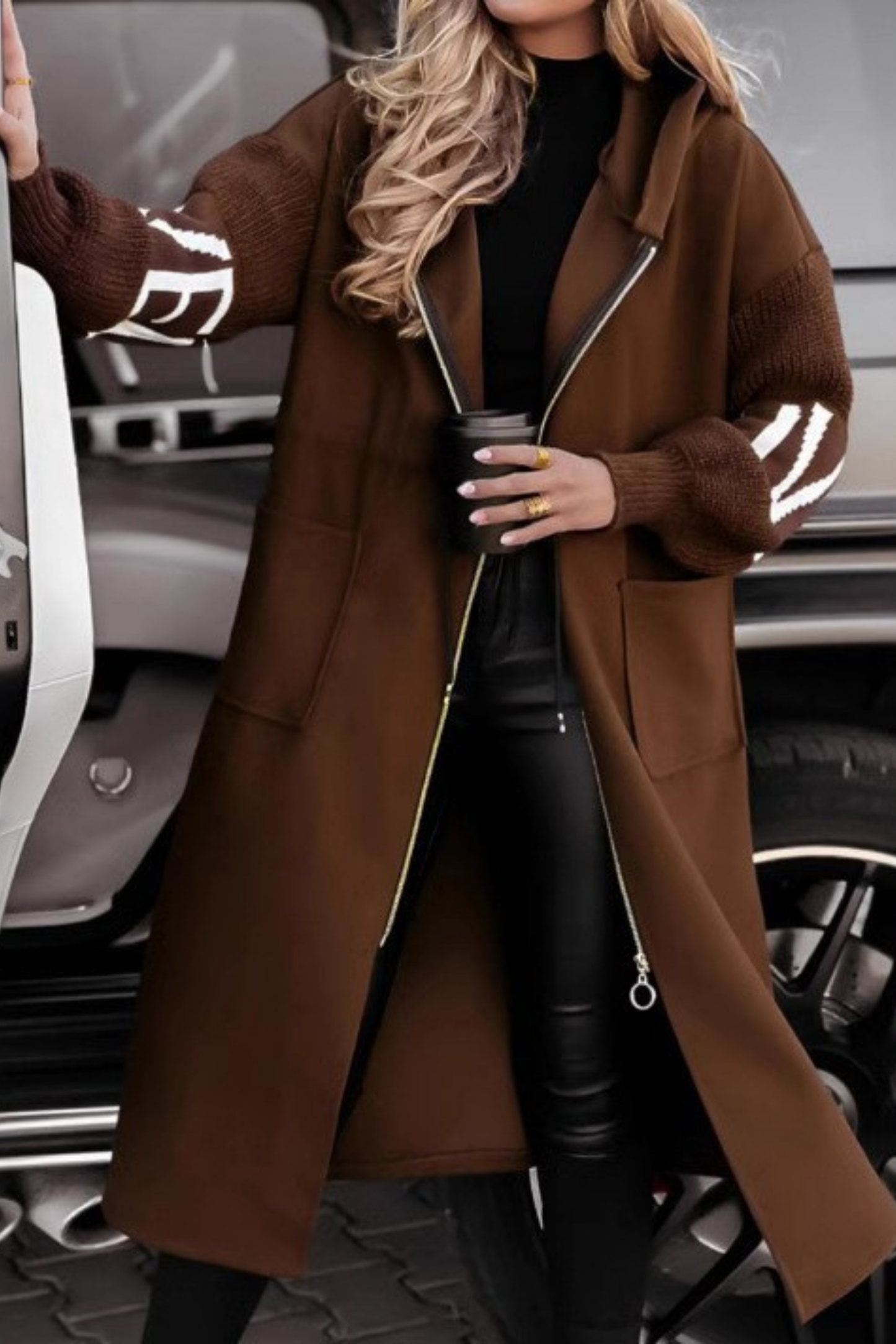 Waxed Hooded jacket with knitted sleeves for women | Peggy