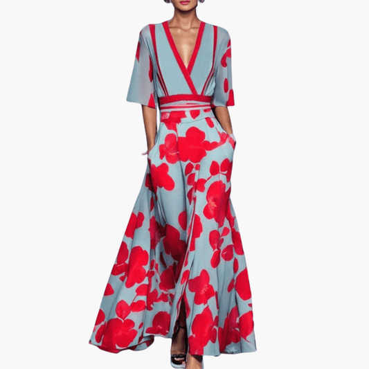 Elegant floral v-neck long dress for women -1