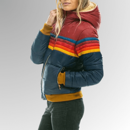Retro colour-block hooded puffer jacket for women -4
