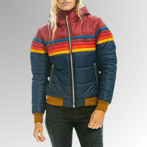 Retro colour-block hooded puffer jacket for women -5