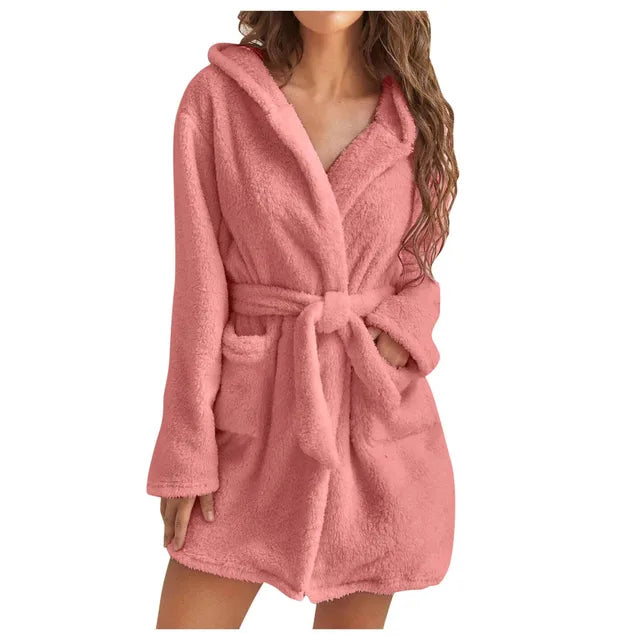 Fluffy hooded loungewear bathrobe for women -8