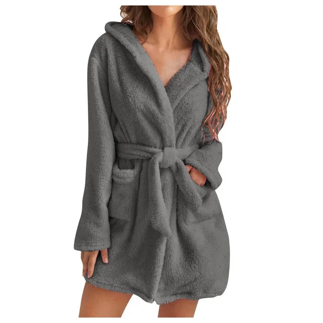 Fluffy hooded loungewear bathrobe for women -6