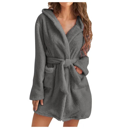 Fluffy hooded loungewear bathrobe for women -6