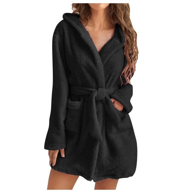 Fluffy hooded loungewear bathrobe for women -4