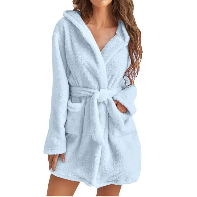 Fluffy hooded loungewear bathrobe for women -5