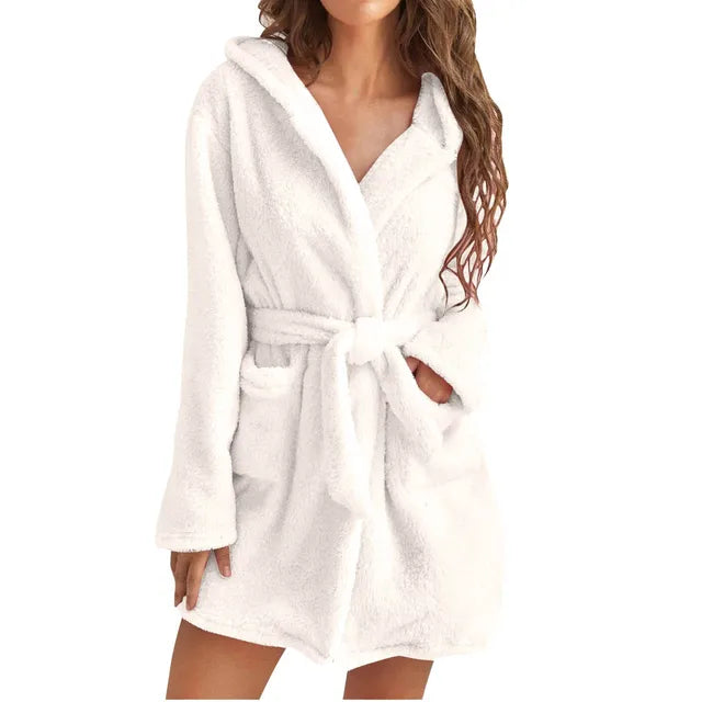 Fluffy hooded loungewear bathrobe for women -9