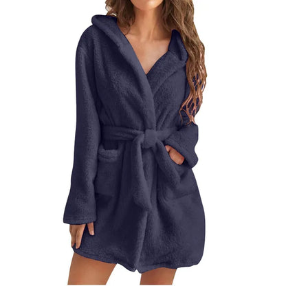 Fluffy hooded loungewear bathrobe for women -7