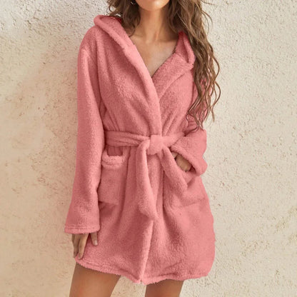 Fluffy hooded loungewear bathrobe for women -2