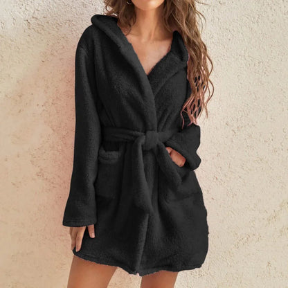 Fluffy hooded loungewear bathrobe for women -1