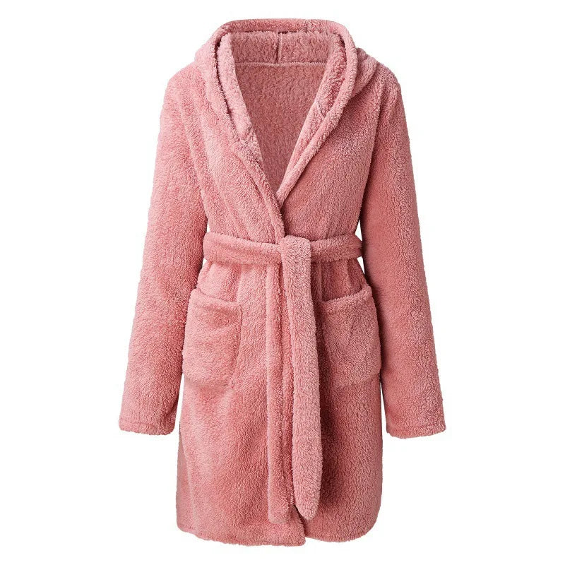 Fluffy hooded loungewear bathrobe for women -11