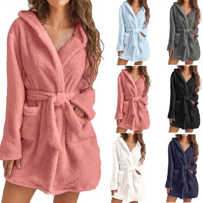 Fluffy hooded loungewear bathrobe for women -10