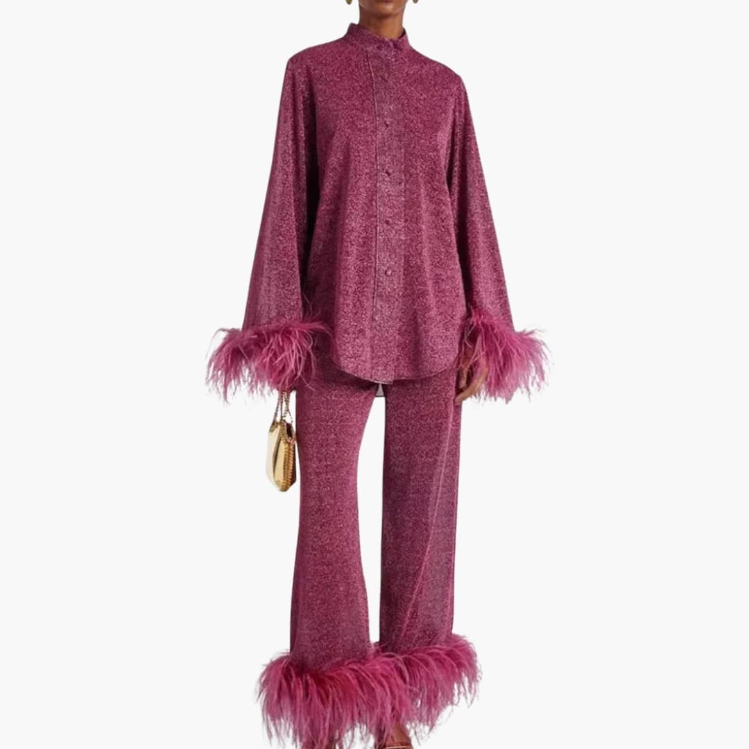 Feather-trim button-front two-piece set for women -2