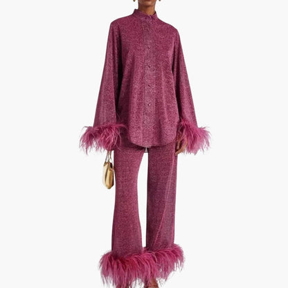 Feather-trim button-front two-piece set for women -2
