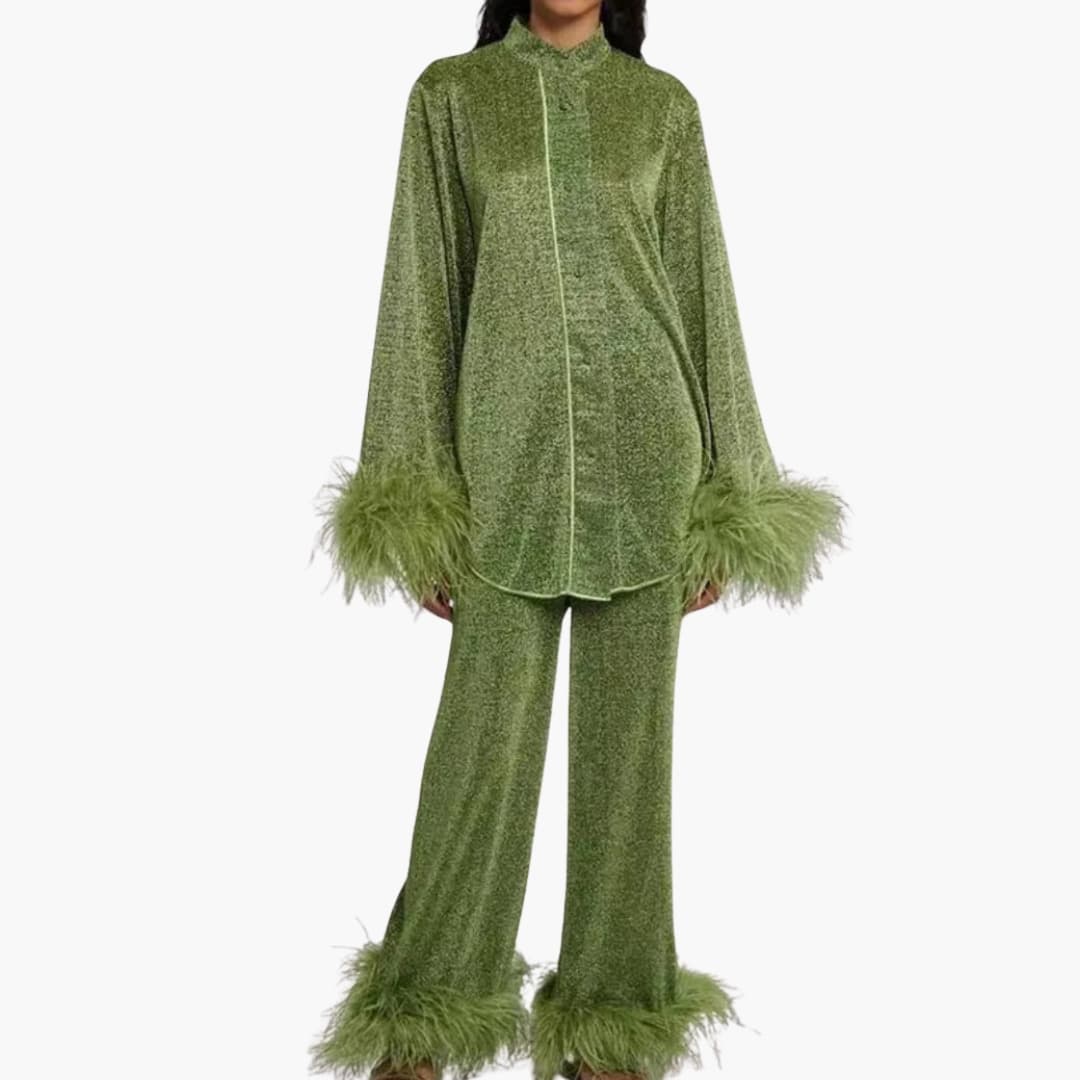 Feather-trim button-front two-piece set for women -4