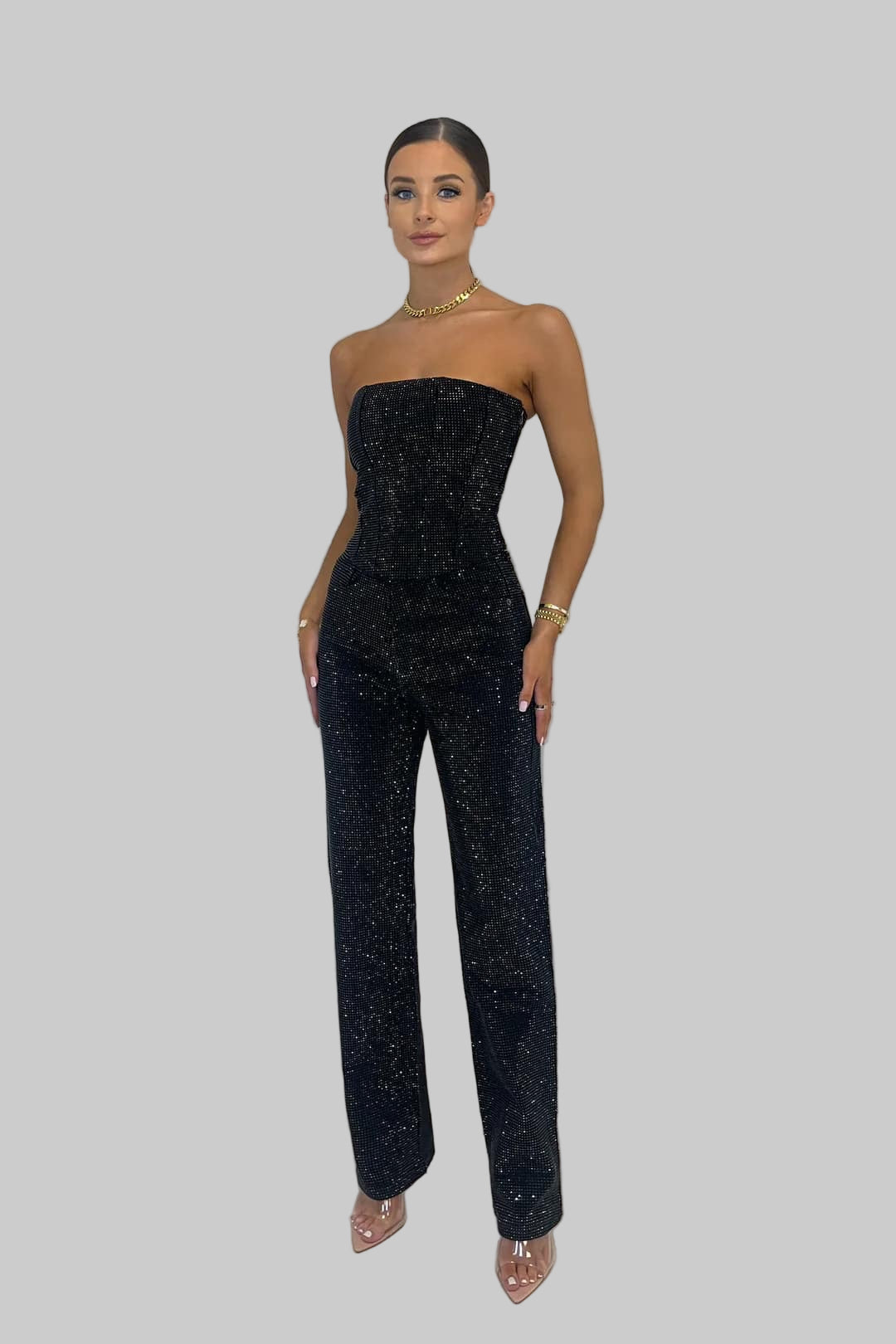 Elegant full-length strapless sequin jumpsuit for women | Elira -1