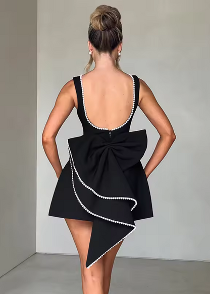 Pearl trim mini dress with back bow for women | Celestine -4