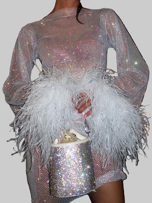 Sparkly mini dress with feather cuffs for women | Althea -1