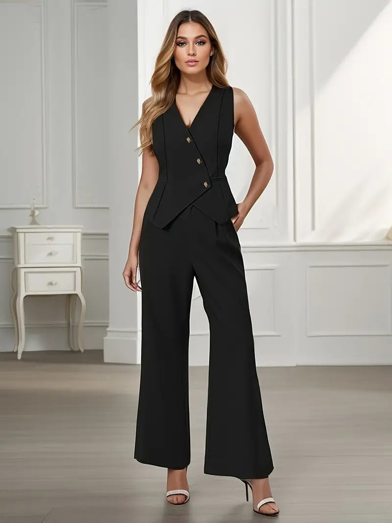 Sleeveless vest wide-leg buttoned trousers set for women | Rovena -7