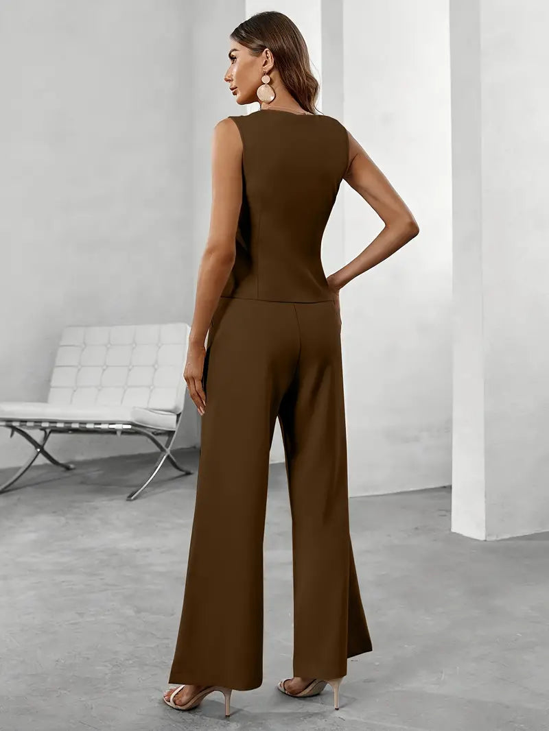 Sleeveless vest wide-leg buttoned trousers set for women | Rovena -9