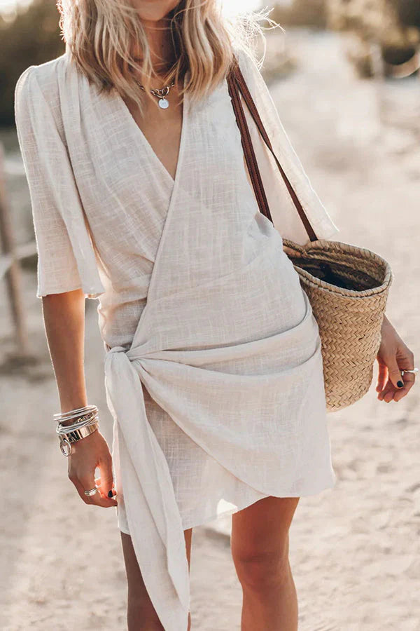 Wrap tie-waist short-sleeve mini dress for women | Lowri -2