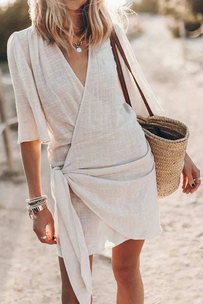 Wrap tie-waist short-sleeve mini dress for women | Lowri -2