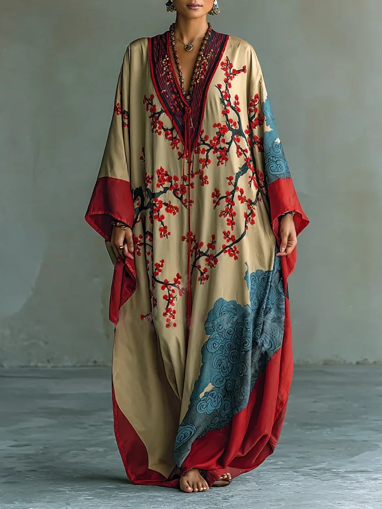 Plum blossom batwing sleeve maxi dress for women | Akari -1