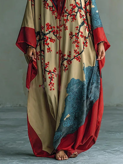Plum blossom batwing sleeve maxi dress for women | Akari -3