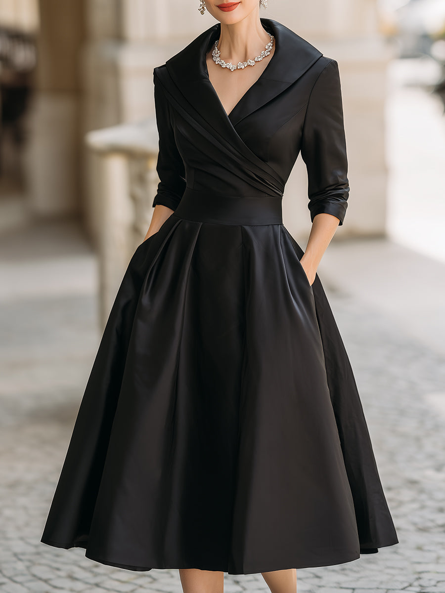 Vintage satin draped-collar midi dress for women -1