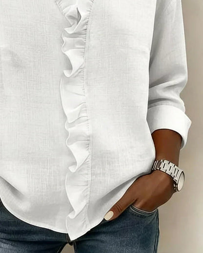 Crew Blouse with ruffled V-neck and long sleeves for women | Indie