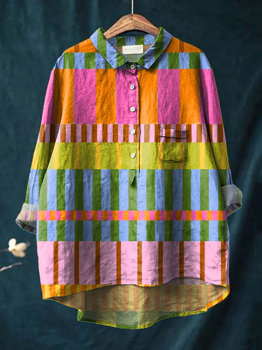 Rounded Geometric button-up blouse with collared neckline for women | Amber
