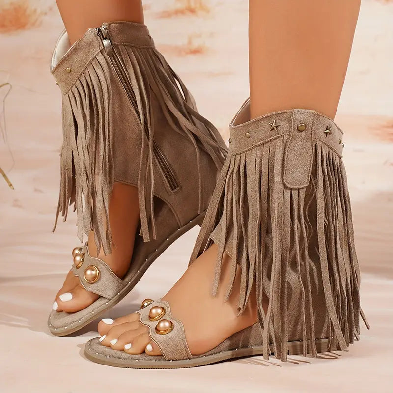 Elegant fringe detail boho strap sandals for women | Sedona -7
