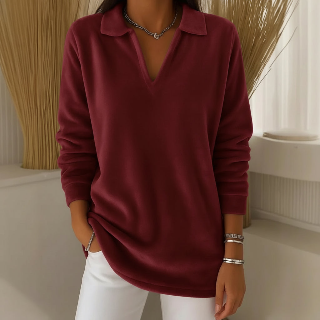 Fleecy Collared V-neck jumper with soft-touch feel for women | Amelia