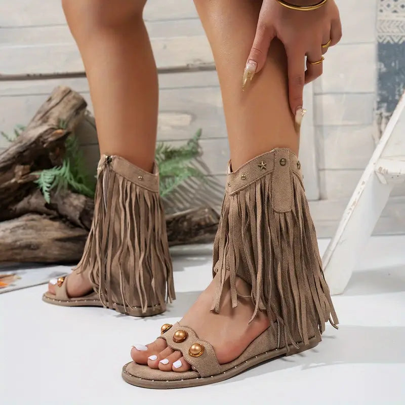 Elegant fringe detail boho strap sandals for women | Sedona -11