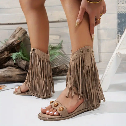 Elegant fringe detail boho strap sandals for women | Sedona -11