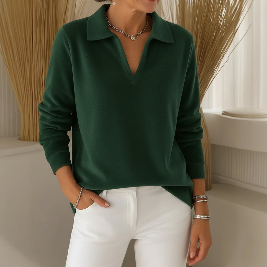 Fleecy Collared V-neck jumper with soft-touch feel for women | Amelia