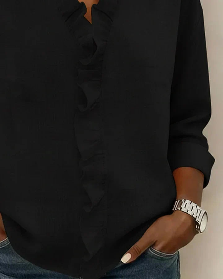 Crew Blouse with ruffled V-neck and long sleeves for women | Indie