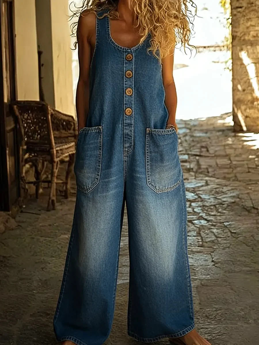 Sleeveless washed denim casual jumpsuit for women | Maren -2