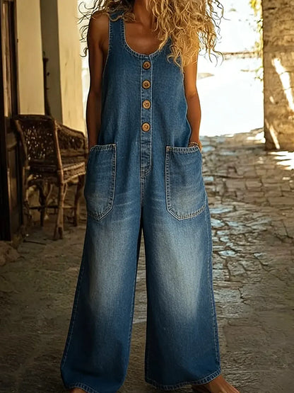 Sleeveless washed denim casual jumpsuit for women | Maren -2