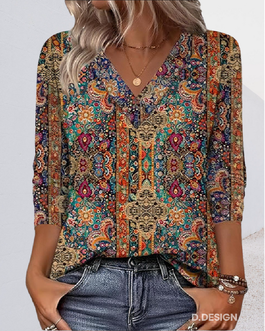 Retro printed V-neck blouse for women | Coraline -1