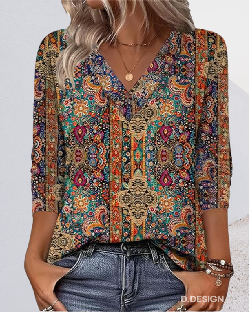 Knotted Retro printed V-neck blouse for women | Coraline