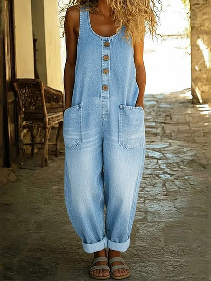 Sleeveless washed denim casual jumpsuit for women | Maren -1