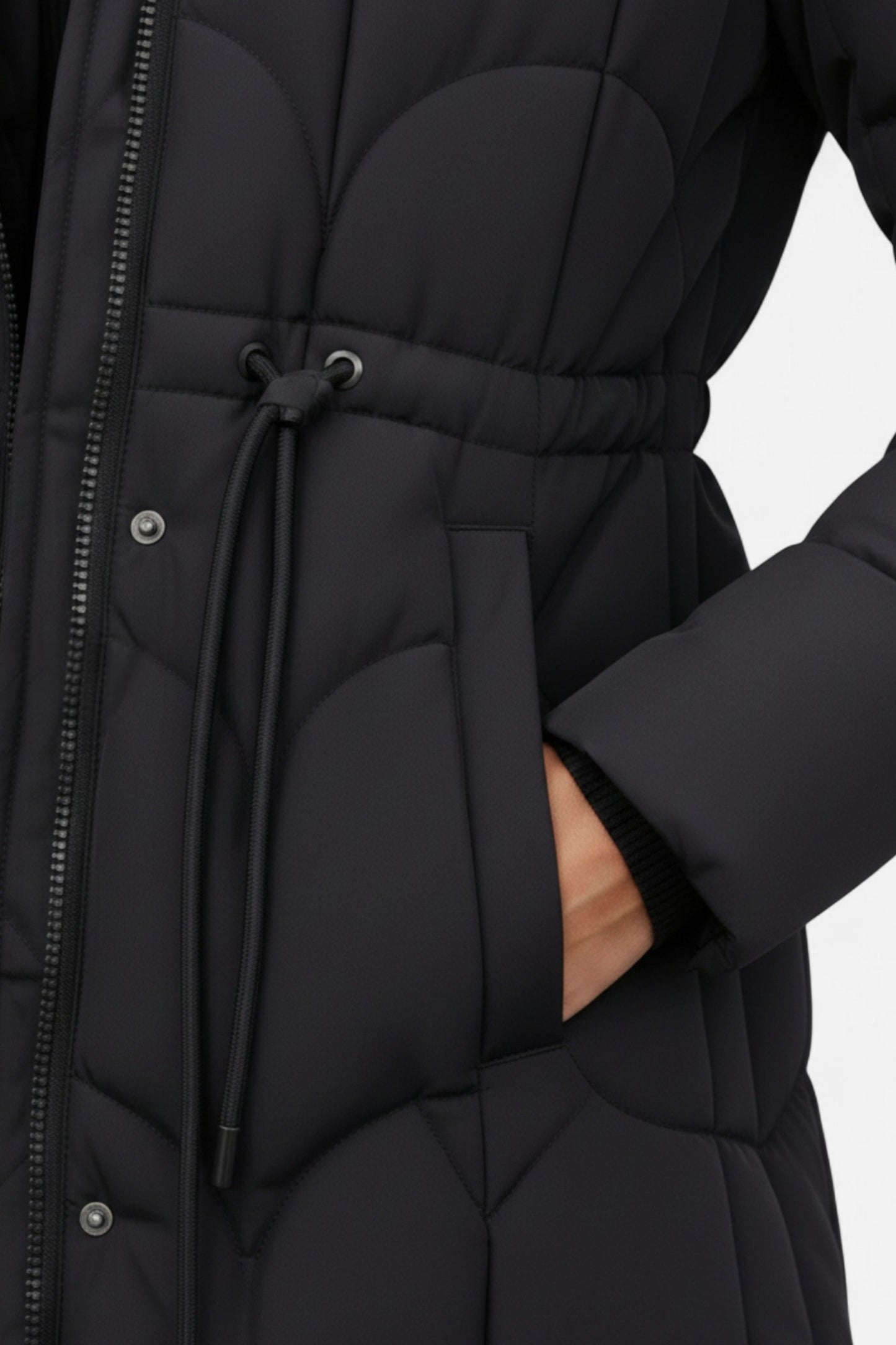 Long hooded puffer coat with drawstring waist for women -2