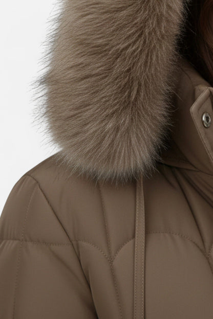 Long hooded puffer coat with drawstring waist for women -5