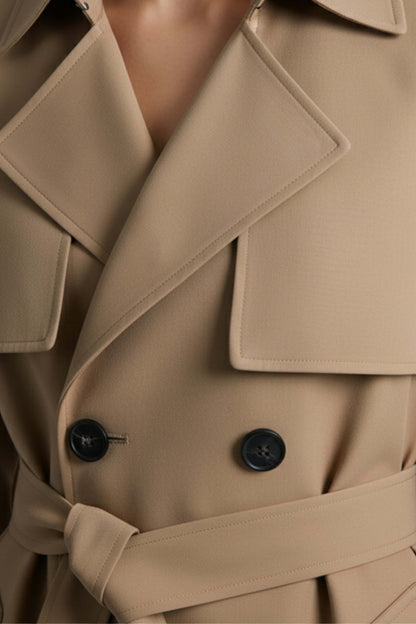 Cocooned Belted long trench coat with double-button front for women | Caurelle