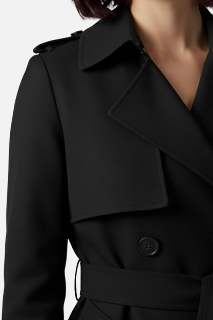 Cocooned Belted long trench coat with double-button front for women | Caurelle