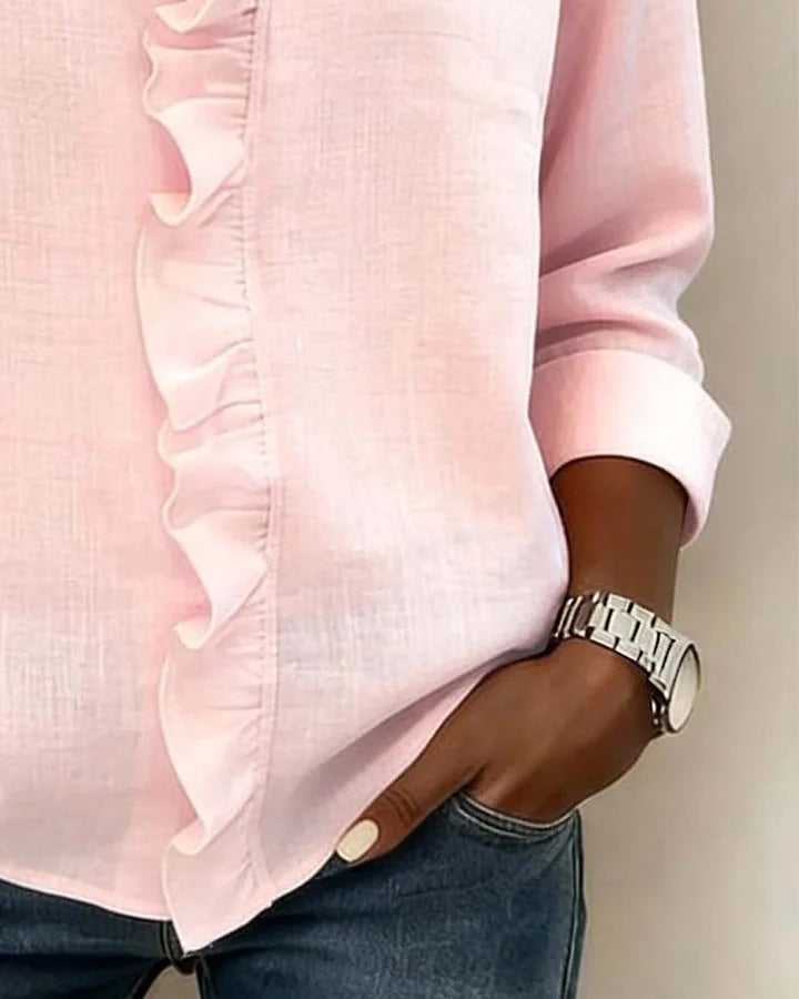 Crew Blouse with ruffled V-neck and long sleeves for women | Indie