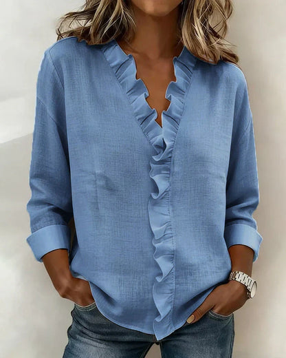 Crew Blouse with ruffled V-neck and long sleeves for women | Indie