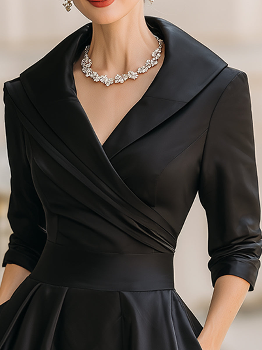 Vintage satin draped-collar midi dress for women -2