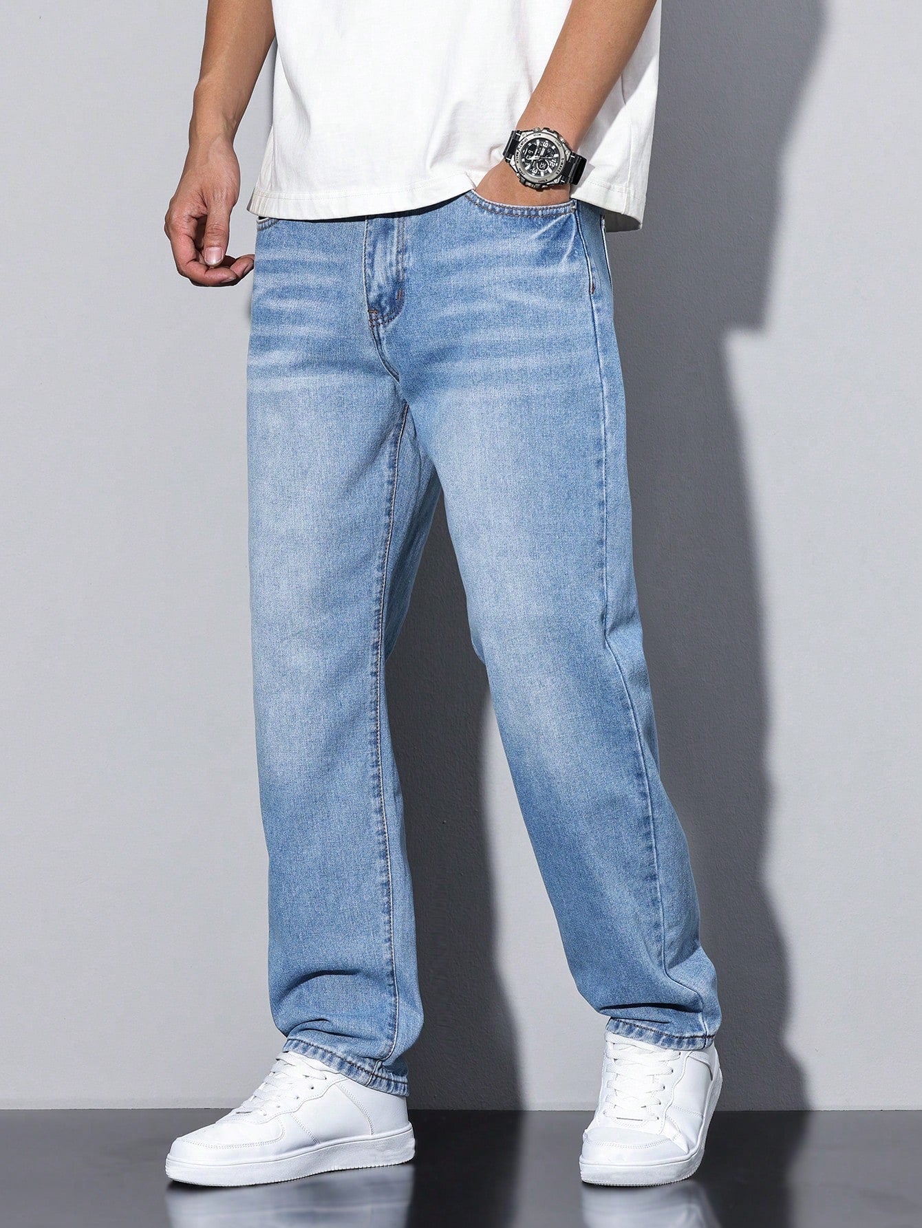 Relaxed wide-leg casual winter jeans for men -15
